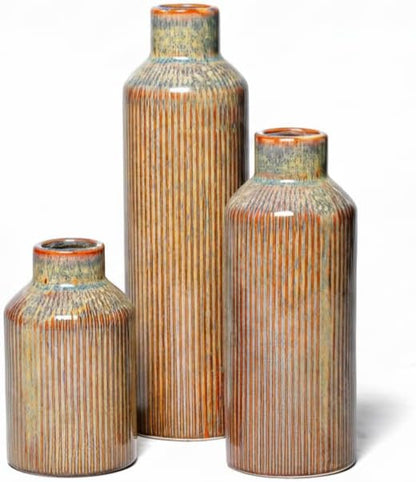 Brown Ceramic Vase Set of 3 - Rustic Farmhouse Vases for Centerpieces Small Modern Decorative Vase for Flower Kitchen Bathroom Bedroom Living Room Shelf Home Decor