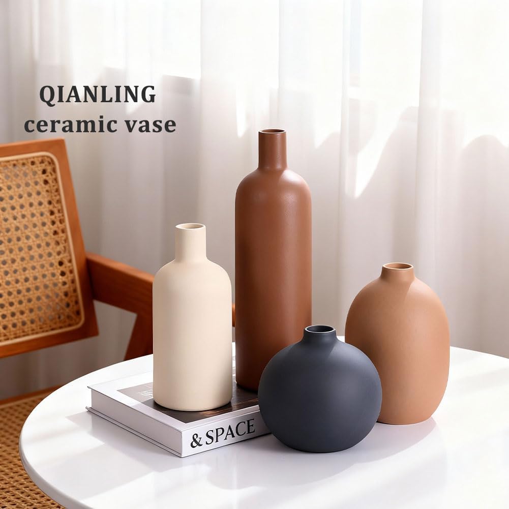 Ceramic Vase Set of 4, Modern Vases Home Decor, Neutral Decorative Vase for Bouquet Pampas Grass Dried Fresh Flowers, Small Vase for Living Room, Kitchen, Bedroom, Bathroom, Entryway Mantel, Decor