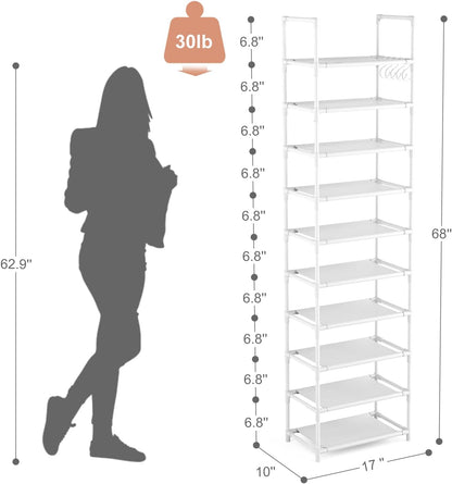 LANTEFUL 10 Tiers Tall Shoe Rack 20-25 Pairs Boots Organizer Storage Sturdy Narrow Shoe Shelf for Entryway, Closets with Hooks, Black
