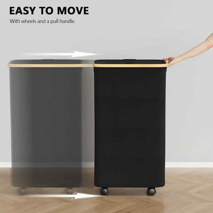 SpaceAid Double Laundry Hamper 2 Section with Lid and Removable Laundry Bags, 160L Clothes Basket with Bamboo Handles, Large Collapsible Hamper for Bedroom, Bathroom, Dorm, Laundry Room - White