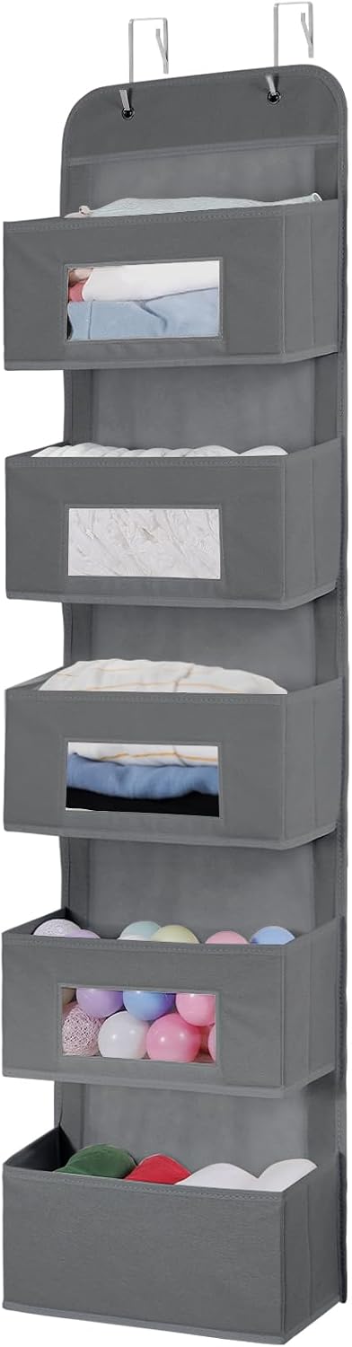 MAX Houser 4-Shelf Over The Door Hanging Organizer with 2 Metal Hooks, Gray | 4 Pocket Swing-proof Behind Door Organizers with Clear Windows for Bathroom Closet, Dorm