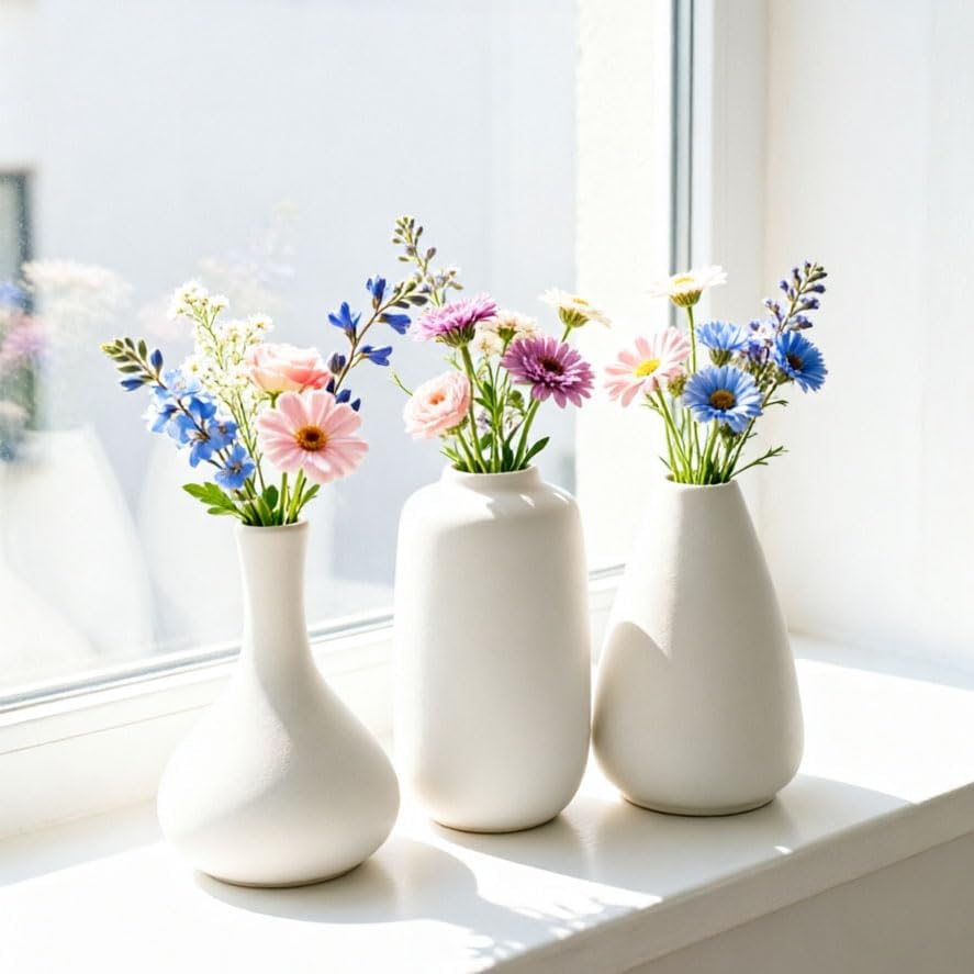 Daittin Small Ceramic Vase Set, Mini Flower Vases for Home Decor, Aesthetic Table Centerpieces for Living Room Bedroom Bathroom Shelf (Style-5)