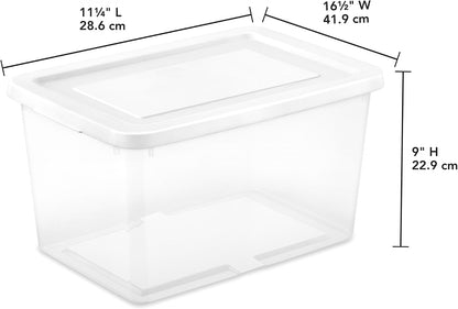 Sterilite 6 Pack Storage Box, 41 Quart Stackable Tote, Clear Plastic Container with Secure Snapping White Lids for Home and Office Organization