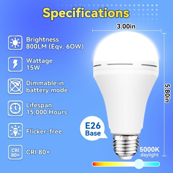 Neporal 4 Pack Emergency-Rechargeable-Light-Bulb, Stay Lights Up When Power Failure, 1500mAh 15W 80W Equivalent LED Light Bulbs for Home, Camping, Tent (E27, with Hook) (Daylight)