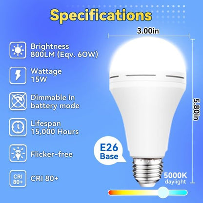 Neporal 4 Pack Emergency-Rechargeable-Light-Bulb, Stay Lights Up When Power Failure, 1500mAh 15W 80W Equivalent LED Light Bulbs for Home, Camping, Tent (E27, with Hook) (Daylight)