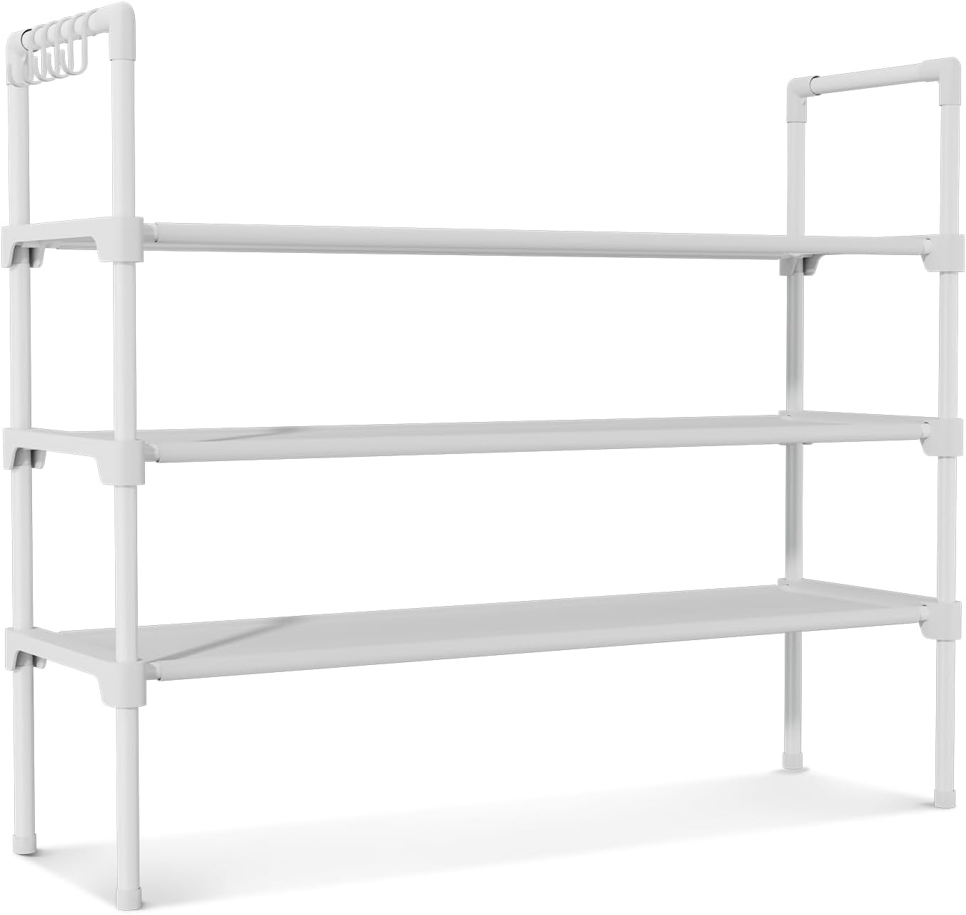 LANTEFUL 3 Tier Shoe Rack for Closet, Shoe Organizer with 5 Hooks, Long Shoe Shelf Storage for Sneaker and Boot Stackable Free Standing Shoe Rack for Entryway, Garage, Small Spaces, Dorm