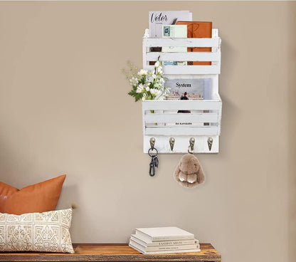 Unistyle Mail Organizer with 4 Hooks, Rustic Brown Wall Mount, Cedar Wood Key Holder for Letters, Magazines, Keys, Dog Leashes