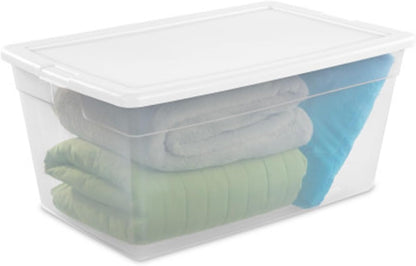 Sterilite 6 Pack Storage Box, 41 Quart Stackable Tote, Clear Plastic Container with Secure Snapping White Lids for Home and Office Organization