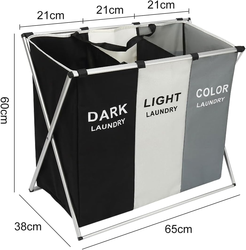 TEEM 3-Section Laundry Basket Organizer, Foldable Hamper with Dividers, 150L Large Capacity, Waterproof 600D Oxford Fabric, Freestanding Lightweight Clothes Sorter Bedroom, Dorm, Bathroom (24x15x26in)