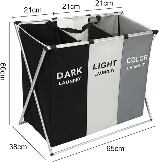 TEEM 3-Section Laundry Basket Organizer, Foldable Hamper with Dividers, 150L Large Capacity, Waterproof 600D Oxford Fabric, Freestanding Lightweight Clothes Sorter Bedroom, Dorm, Bathroom (24x15x26in)