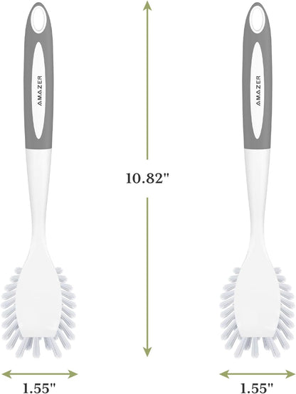 Amazer Dish Brush with Handle, 2 Pack Kitchen Scrub Brushes for Cleaning, Dish Scrubber with Stiff Bristles for Sink, Pots, Pans
