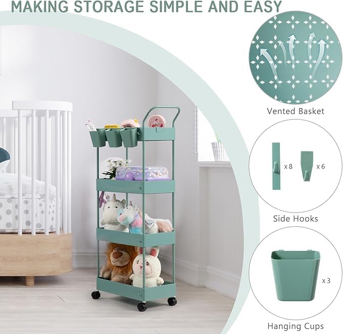 danpinera Storage Cart on Wheels, 3 Tier Slim Laundry with Wheels Bathroom Organizer with Hanging Cups Hooks Dividers Handle Mobile Rolling Art Cart for Bathroom Kitchen Narrow Places, White