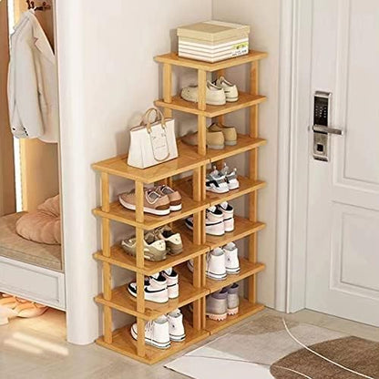 SAN HE 7-Tier Modern Bamboo Shoe Rack - Vertical, Slim, Space-Saving Shoe Organizer for Small Spaces, Closet, Entryway, Corner, Garage, Bedroom