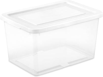 Sterilite 6 Pack Storage Box, 41 Quart Stackable Tote, Clear Plastic Container with Secure Snapping White Lids for Home and Office Organization