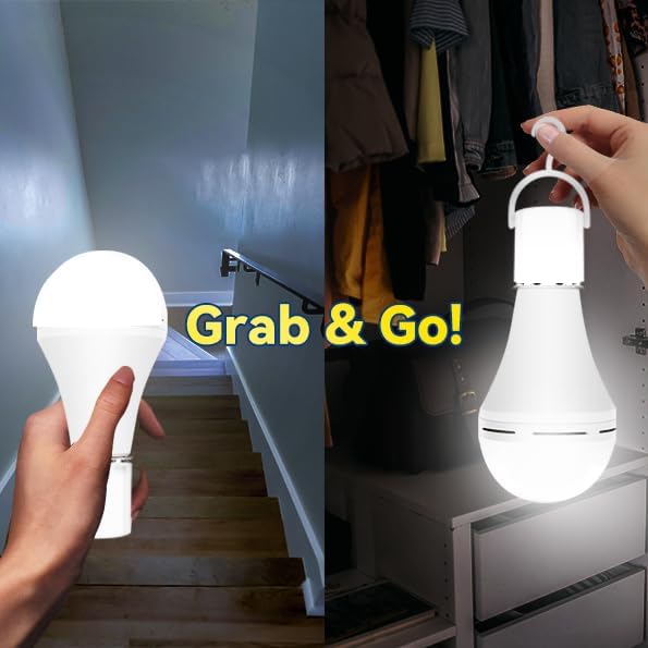 Neporal 4 Pack Emergency-Rechargeable-Light-Bulb, Stay Lights Up When Power Failure, 1500mAh 15W 80W Equivalent LED Light Bulbs for Home, Camping, Tent (E27, with Hook) (Daylight)