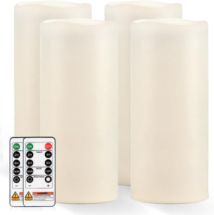 Homemory 6" 8" 10" x 4" Waterproof Outdoor Flameless Candles, Battery Operated Flickering LED Pillar Candles with Remote and Timers for Indoor, Plastic, Ivory White