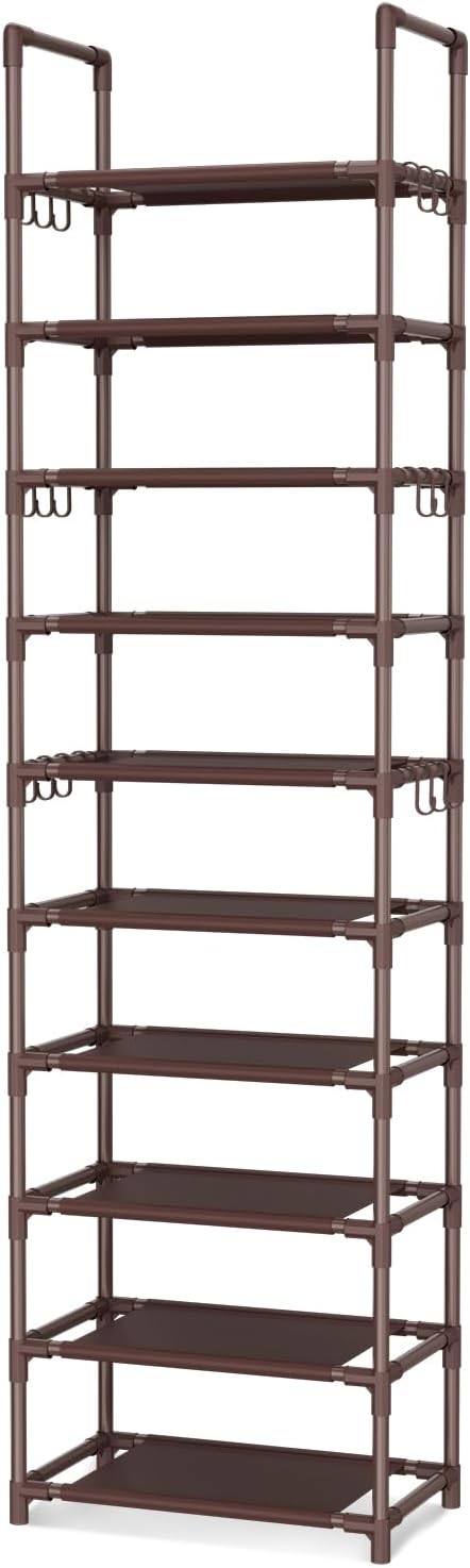 VTRIN 10 Tiers Tall Shoe Rack Holds 20-25 Pairs of Shoes Sturdy Vertical Shoe Organizer with 18pcs Hooks Stackable Narrow Shoe Rack for Closet, Entryway Black