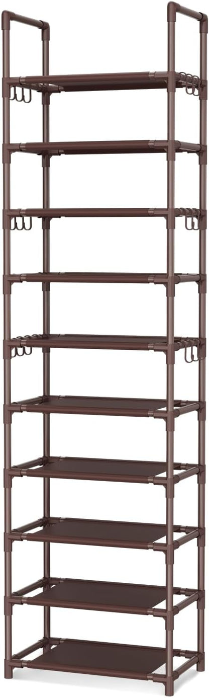 VTRIN 10 Tiers Tall Shoe Rack Holds 20-25 Pairs of Shoes Sturdy Vertical Shoe Organizer with 18pcs Hooks Stackable Narrow Shoe Rack for Closet, Entryway Black