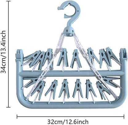 32 Clips Folding Laundry Hanger, Laundry Drying Rack Folding Sock Hanger, Hanging Drying Rack(Scandinavian Blue)