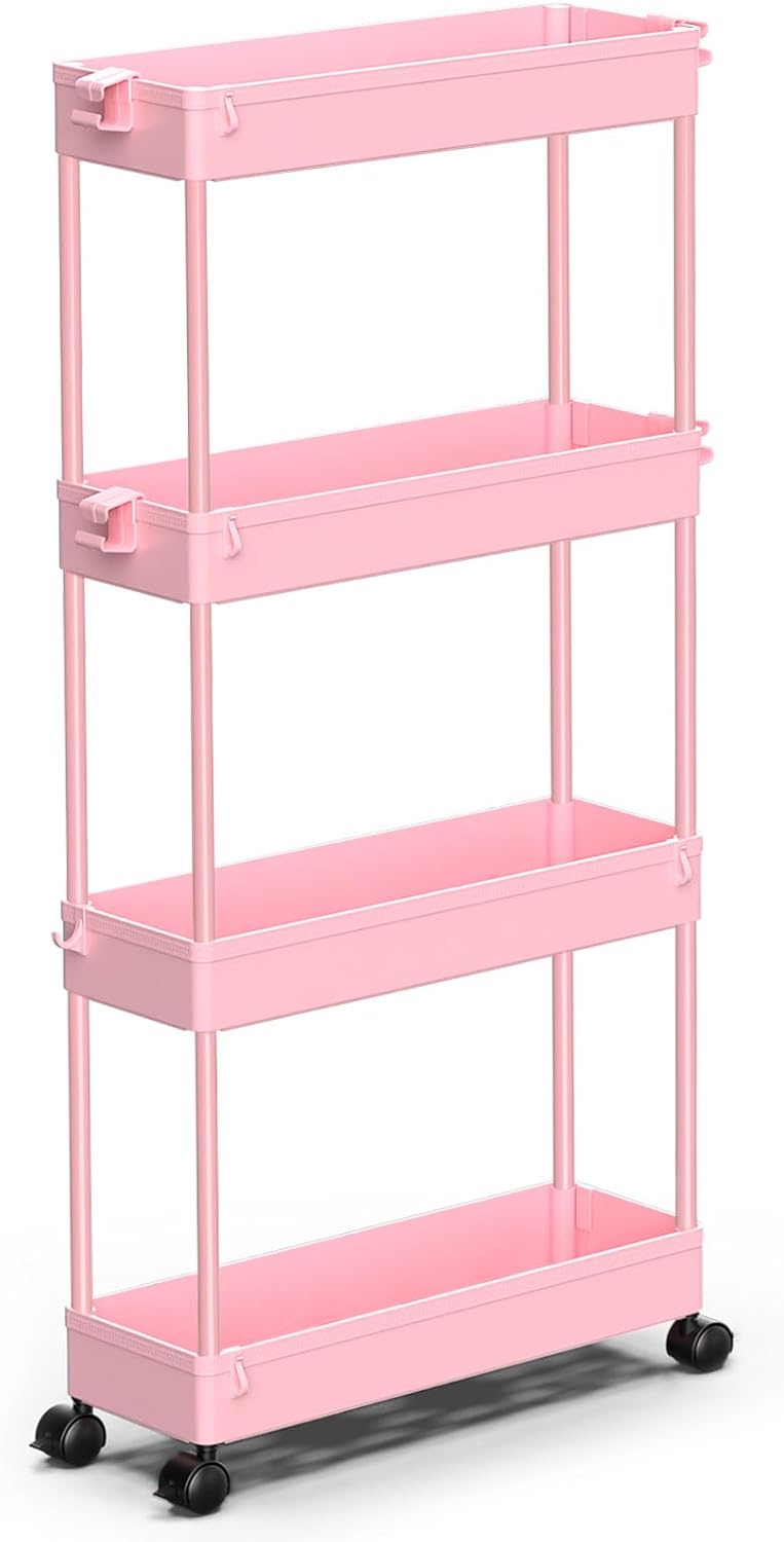 SPACEKEEPER Slim Rolling Storage Cart 4 Tier Bathroom Organizer Cart Mobile Shelving Unit Slide Out Utility Cart for Kitchen, Bthroom, Makeup, Craft, Laundry Narrow Places, Black