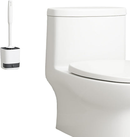 Silicone Toilet Brush with Holder – Wall-Mounted or Freestanding, No-Drill Adhesive Mount, Fast-Drying Ventilated Design with Drip Tray – Long Handle for Deep Cleaning, Compact for Small Bathrooms