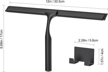 Stainless Steel Shower Squeegee for Glass Doors, Multi-Purpose Squeegee for Shower Glass, Bathroom and Car Windows, Squeegee with Adhesive Hook-10”, Black