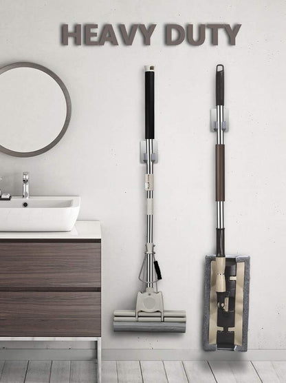 HANZE 2 Pack Stainless Steel Mop Broom Holder Organizer, Self Adhesive Wall Mounted Mop Organizer Storage Rack Clip for Kitchen Bathroom and Garage (Rectangle, Large)