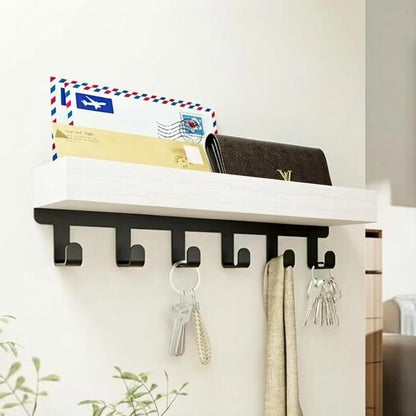 Wall Mount Key Holder with Shelf - Decorative Mail Organizer and Key Hooks for Entryway, Paulownia Wood with Mounting Hardware (9.64”W x 2.36”H x 2.75”L)
