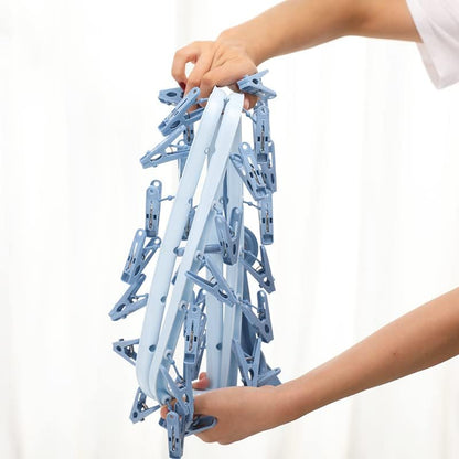 Foshine Clothes Drying Racks Foldable Clip Hangers Plastic with 32 Clips | Clip Hangers Wind-Proof Hook Underwear Hanger For Socks Bras Blue