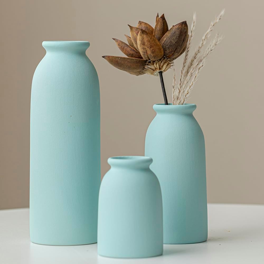 Ceramic Vase Set-3, Small Flower Vases for Decor, Modern Boho Farmhouse Style, Decorative Vases for Pampas Grass & Dried Flowers, Distressed Finish (Beige)