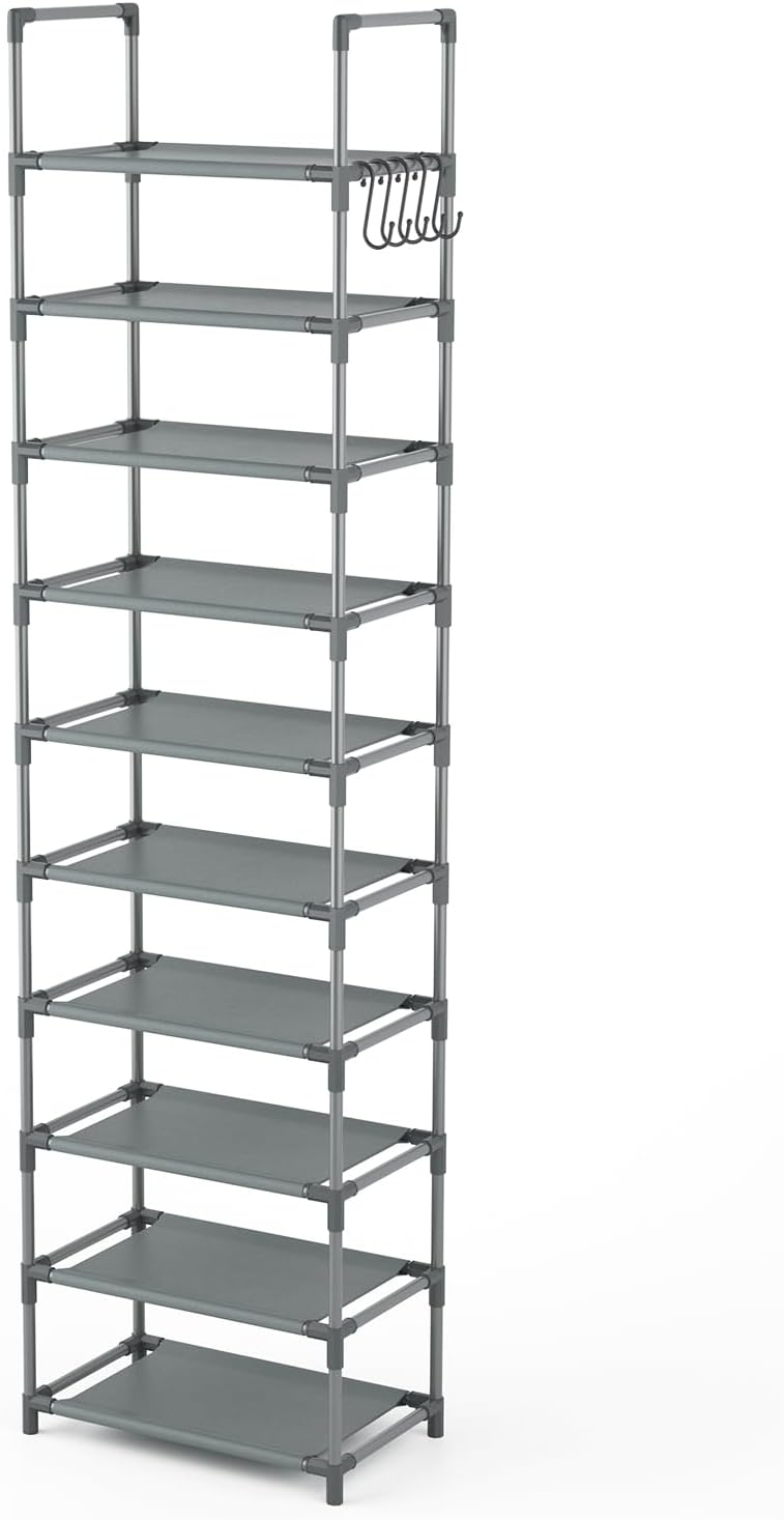 LANTEFUL 10 Tiers Tall Shoe Rack 20-25 Pairs Boots Organizer Storage Sturdy Narrow Shoe Shelf for Entryway, Closets with Hooks, Black