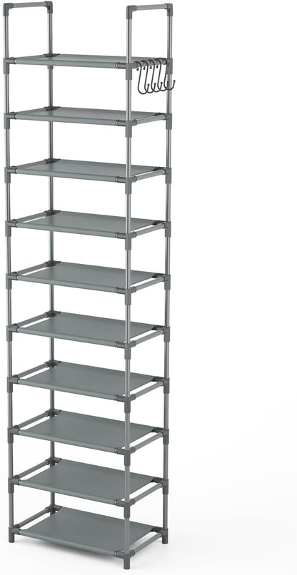 LANTEFUL 10 Tiers Tall Shoe Rack 20-25 Pairs Boots Organizer Storage Sturdy Narrow Shoe Shelf for Entryway, Closets with Hooks, Black