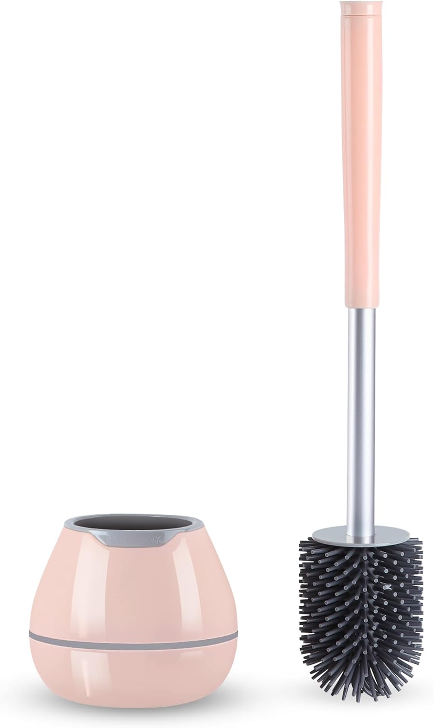 BOOMJOY Toilet Brush and Holder Set, Silicone Toilet Bowl Cleaner Brush, Bathroom Cleaning Bowl Kit with Tweezers, Bathroom Accessories with Aluminum Handle - White