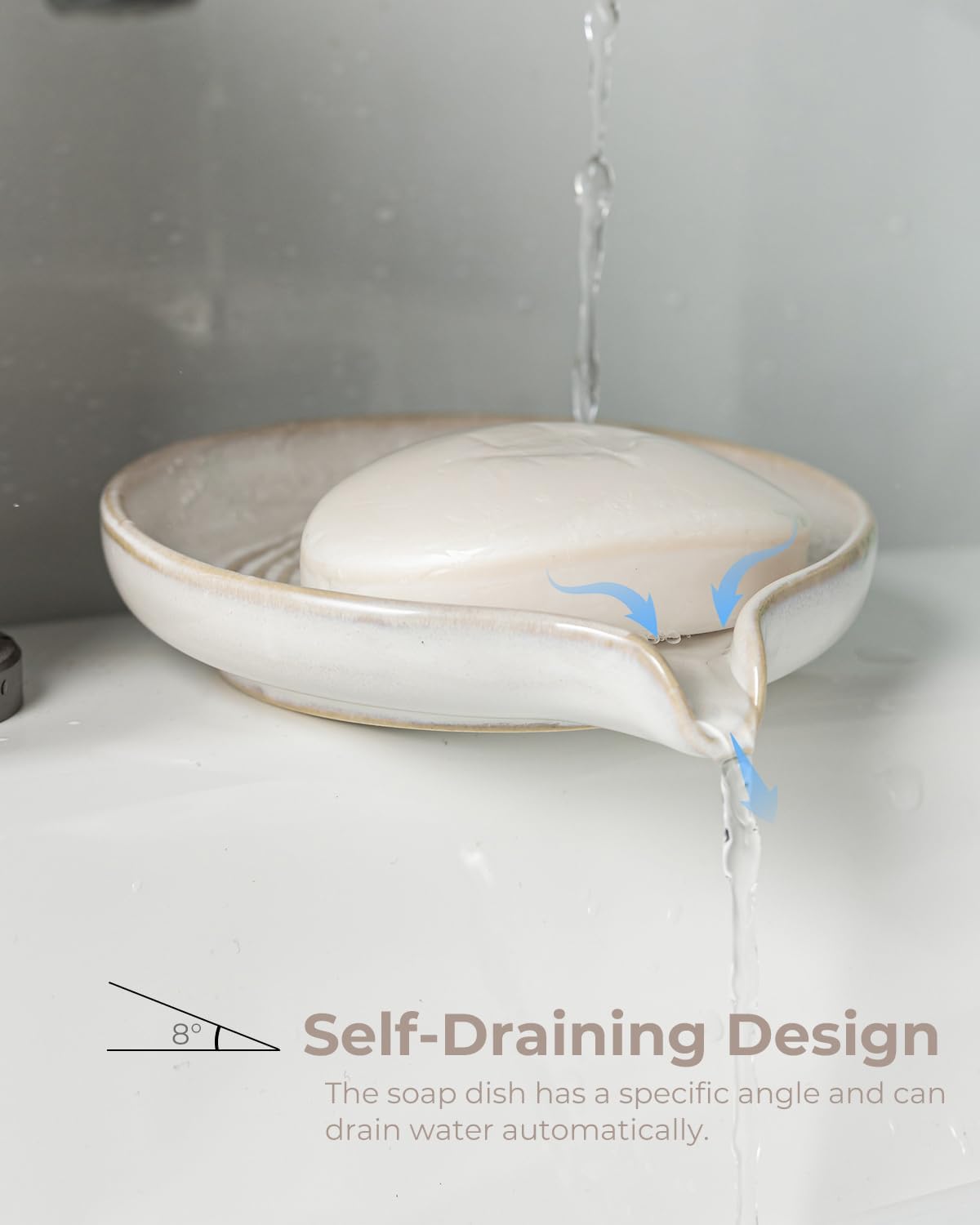 Self Draining Soap Dish, Ceramic Drain Soap Holder Waterfall Design Soap Saver for Shower, Bathroom, Sink, Kitchen and Countertop, Keeps Dry, Green