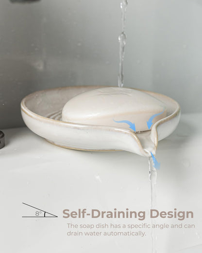 Self Draining Soap Dish, Ceramic Drain Soap Holder Waterfall Design Soap Saver for Shower, Bathroom, Sink, Kitchen and Countertop, Keeps Dry, Green