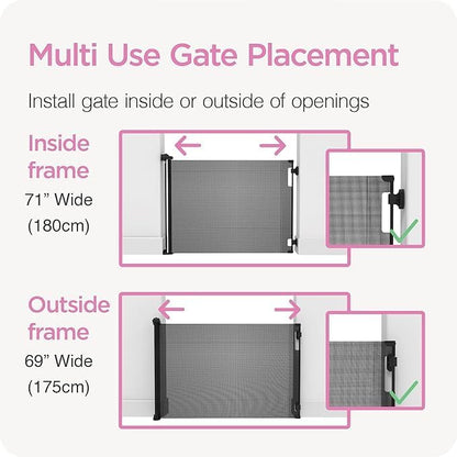 Retractable Baby Gate Perma Child Safety 33" Tall x 55” Wide, Mesh, for Stairs, Doorways, Dogs, Pets, Indoor, Outdoor, One-Handed Operation, Locking, Easy Install, Hardware Mount, White