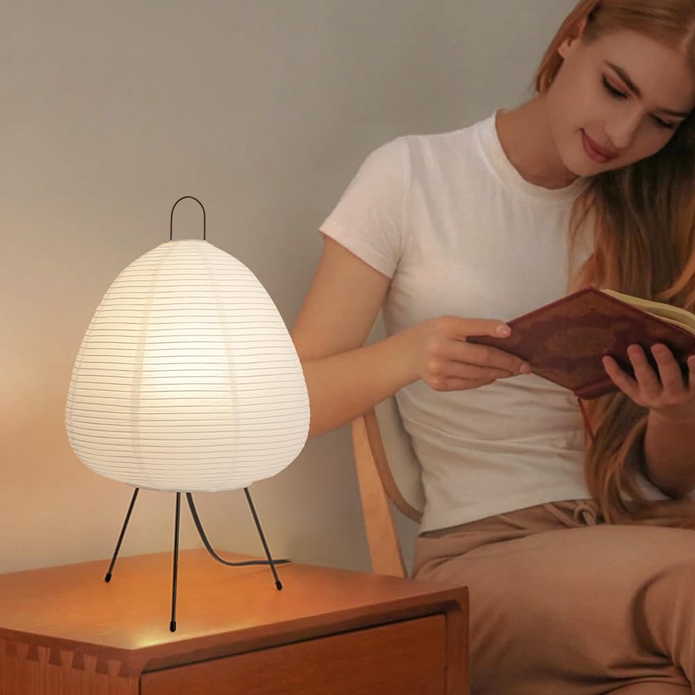 Japanese Rice Paper Lamp Bedside Table Lamps for Living Room,Paper Lantern Light,Japanese Decor Akari Noguchi Lamp with Button Switch,17INCH Japandi Tripod Lantern Lamps for Desk,E26 Base