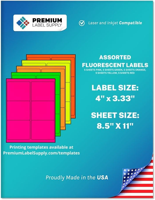 Premium Label Supply Bright Neon Color Fluorescent Stickers - 4" x 3.33" Labels - (Assorted Fluorescent, 150 Labels)