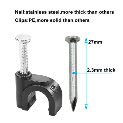 HS 7mm Ethernet Cat6 Cable Clips Clamps RG6 with Steel Nail (200 Pack) Wire Clips Black for Wall,Cord Management