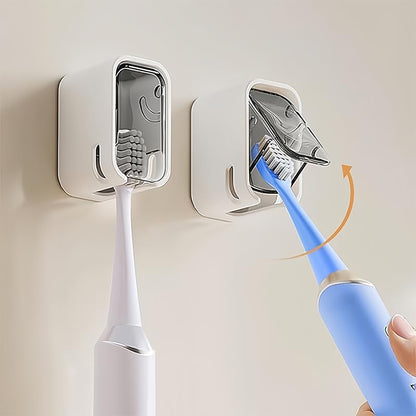 2PCS Toothbrush Holders for Bathrooms, Minimalist Wall-Mounted Organizer with Cover, Single Toothbrush Dispenser Storage Organizer for Space-Saving Countertop Solution for Home & Travel (White, Gray)