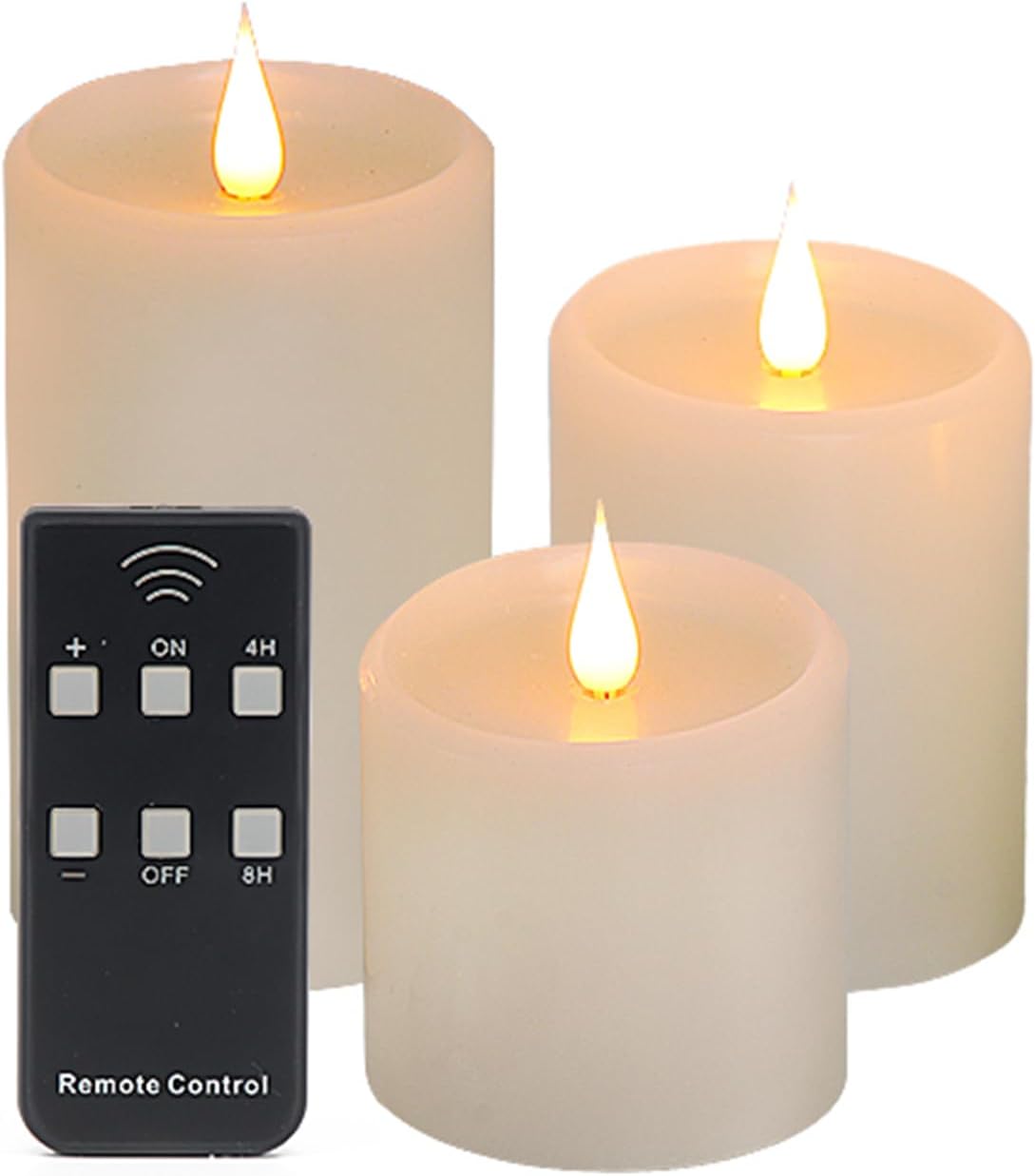 Flickering Flameless Candles with 3D Moving Flame, Real Wax Battery Operated Candles with Timer and Remote, Last 600+ Hours, 3" x 3" LED Fake Candles for Home Wedding Christmas Decor, 2 Pack