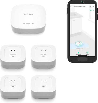YoLink Water Leak Detector 4 with 105dB Audio Alarm, Freeze Warning, App Push, Email Alerts and Limited Text - Smart Water Sensor Alarm w/ Alexa, IFTTT - 1/4 Mile Long Range, Hub Required