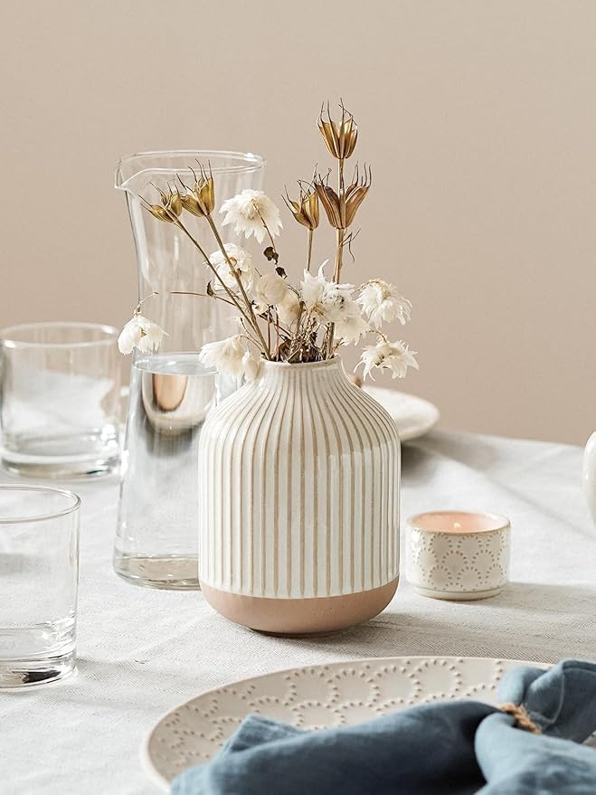 Small Boho Vase for Decor,Rustic Farmhouse Vase for Pampas Grass,Eucalyptus Set and Tiny Stem Flowers,Ceramic for Centerpieces, 5.3 Inch,Wave-Arctic White