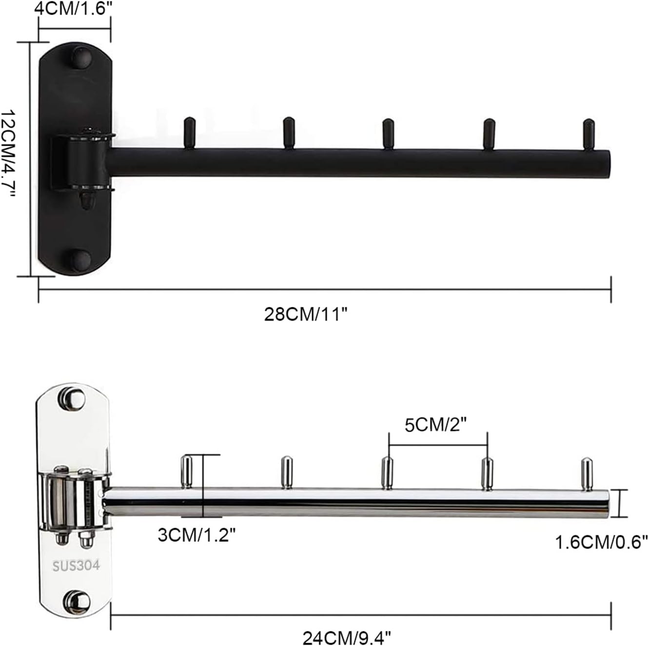 Folding Wall Mounted Clothes Hanger Rack with Swing Arm Stainless Steel Heavy Duty Coat Hook for Bathroom, Bedroom, Laundry Room- White