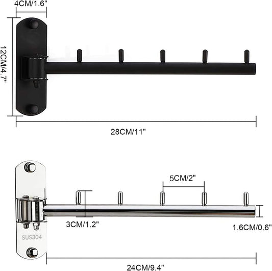 Pack of 2 Folding Wall Mounted Clothes Hanger Rack with Swing Arm Stainless Steel Heavy Duty Coat Hook for Bathroom, Bedroom, Laundry Room - Black