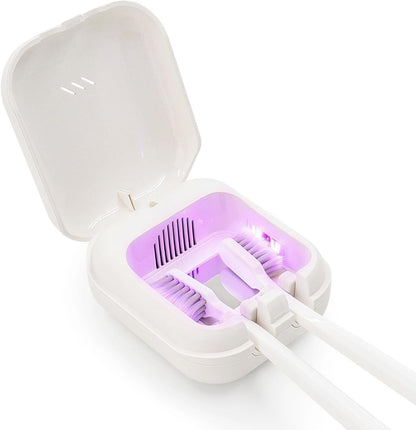 UV-C Toothbrush Sanitizer Case, Dual Light Cleaner Cover with Clear Window, USB-C Rechargeable Travel Holder for Electric and Manual Brushes, White