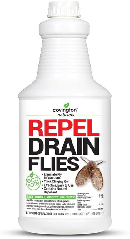 Covington Drain Fly Treatment Gel (32oz) Drain Maintenance & Odor Control for Kitchen & Bathroom Drains, Plant Based Thick Clinging Formula Breaks Down Grease & Organic Build-Up. Made in USA