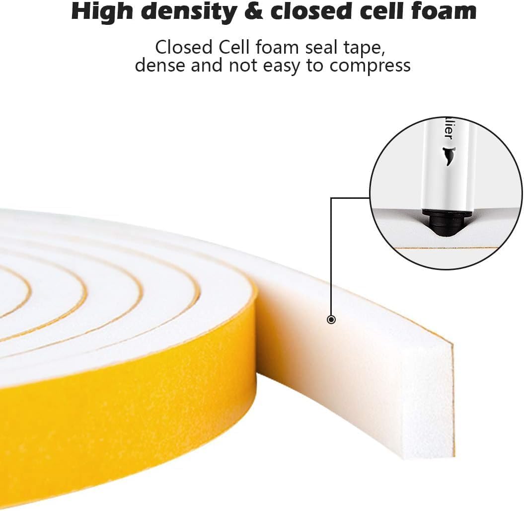 ToLanbbt White Door Window Weather Stripping Self Adhesive Foam Tape High Density Foam Sealing Strip Window Insulation Weatherproof Gasket Tape for Doors and Windows (1/2" W X 1/8" T X 16.5')