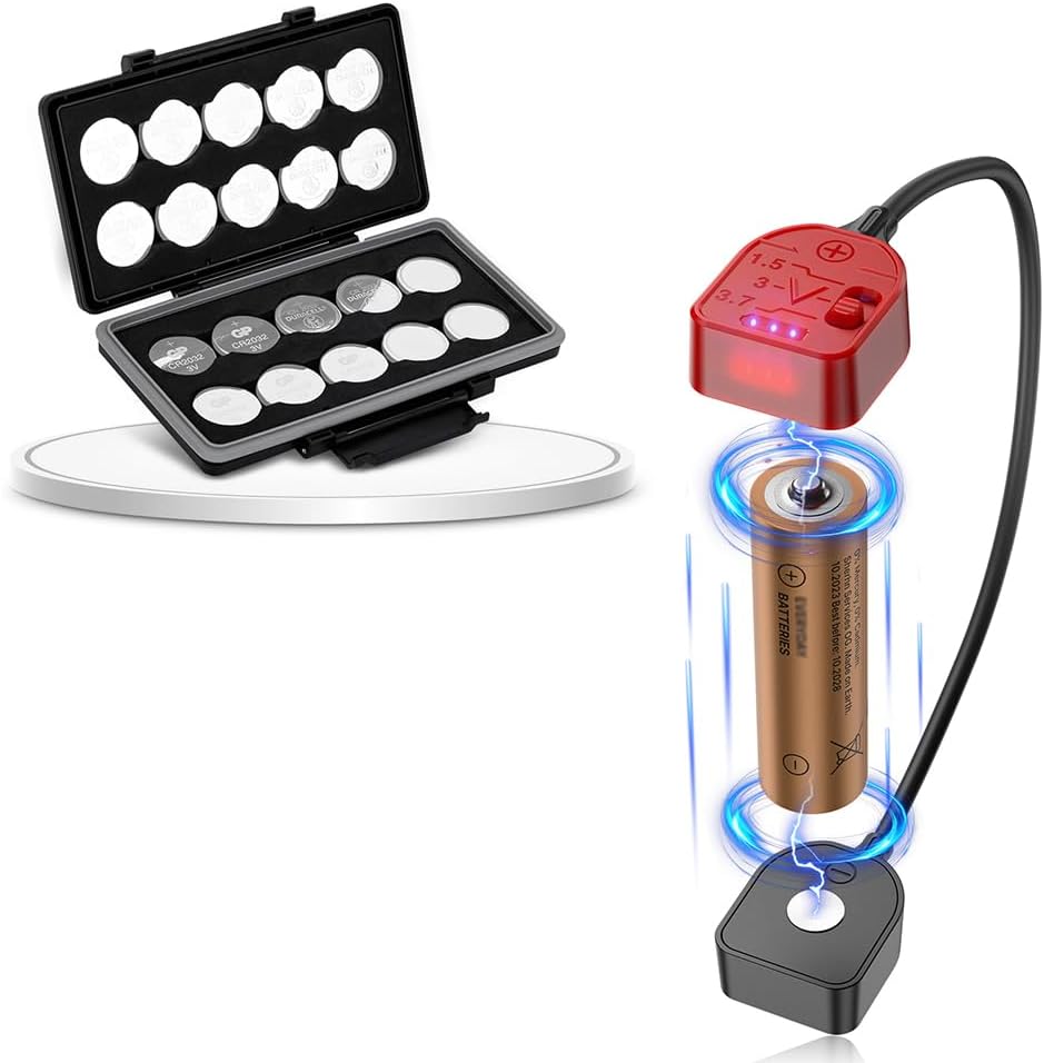 Magnetic Battery Tester for 1.5V 3V and 3.7V + CR2032 CR2025 CR2045 CR2016 Battery Case