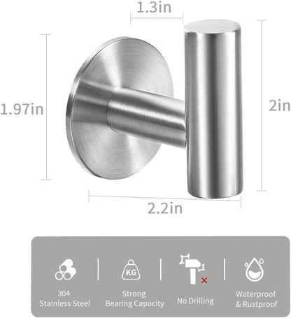 Vuzvuv Adhesive Hooks White SUS304 Stainless Steel - Self Adhesive Heavy Duty Waterproof Wall Hooks for Towel, Coat, Robe in Bathrooms Kitchen Hotel (2-Pack)